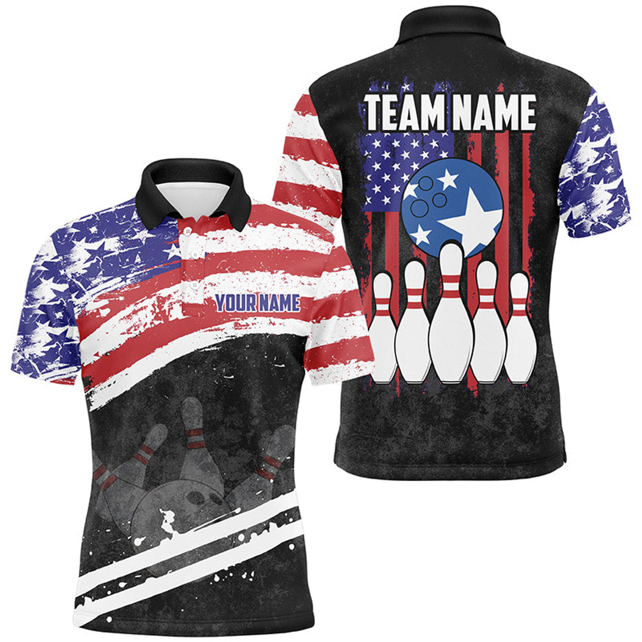 Custom Patriotic Retro American Flag Bowling Quarter Zip Men's Polo Shirt S-5XL