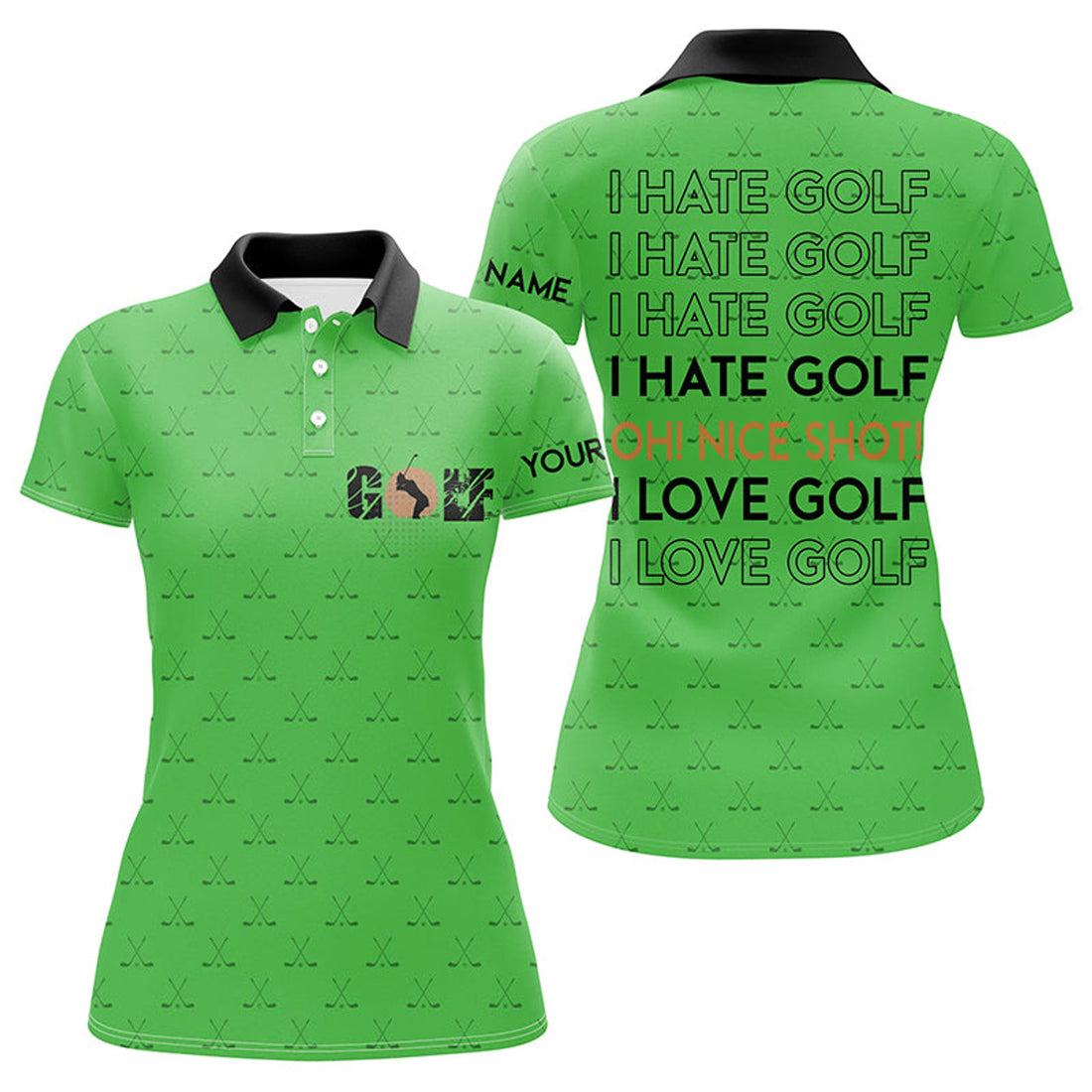 Custom Funny Hate Golf Love Golf Green Pattern Women's Polo Shirts S-5XL