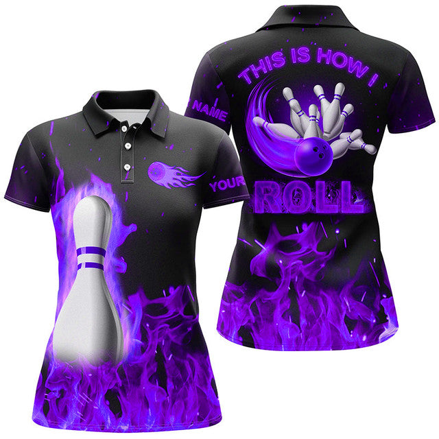 Custom Bowling Polo Shirt This Is How I Roll Purple Flame Women's Polo Shirts S-5XL