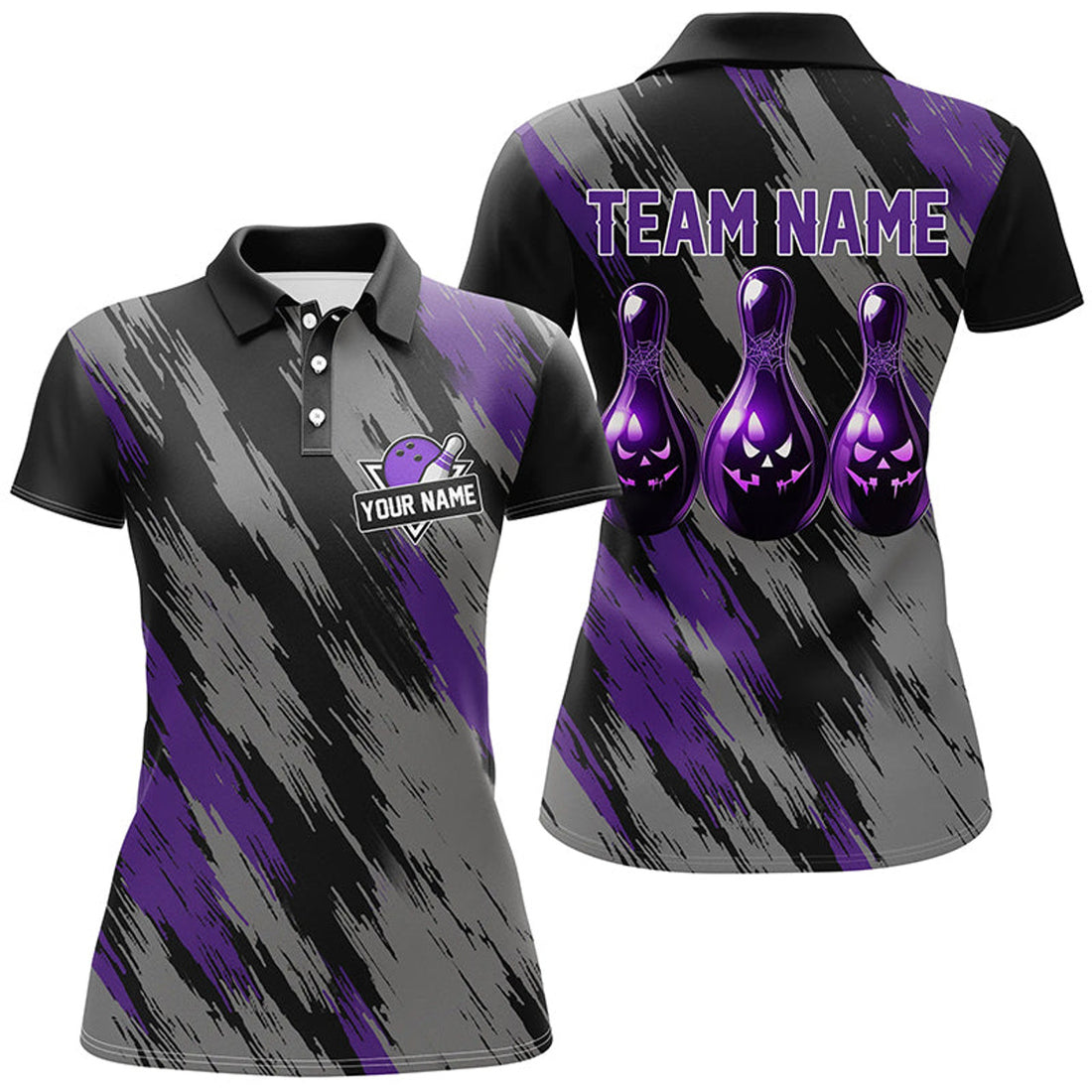 Custom Black Purple Camo Halloween Bowling Team Shirt Women's Polo Shirts S-5XL