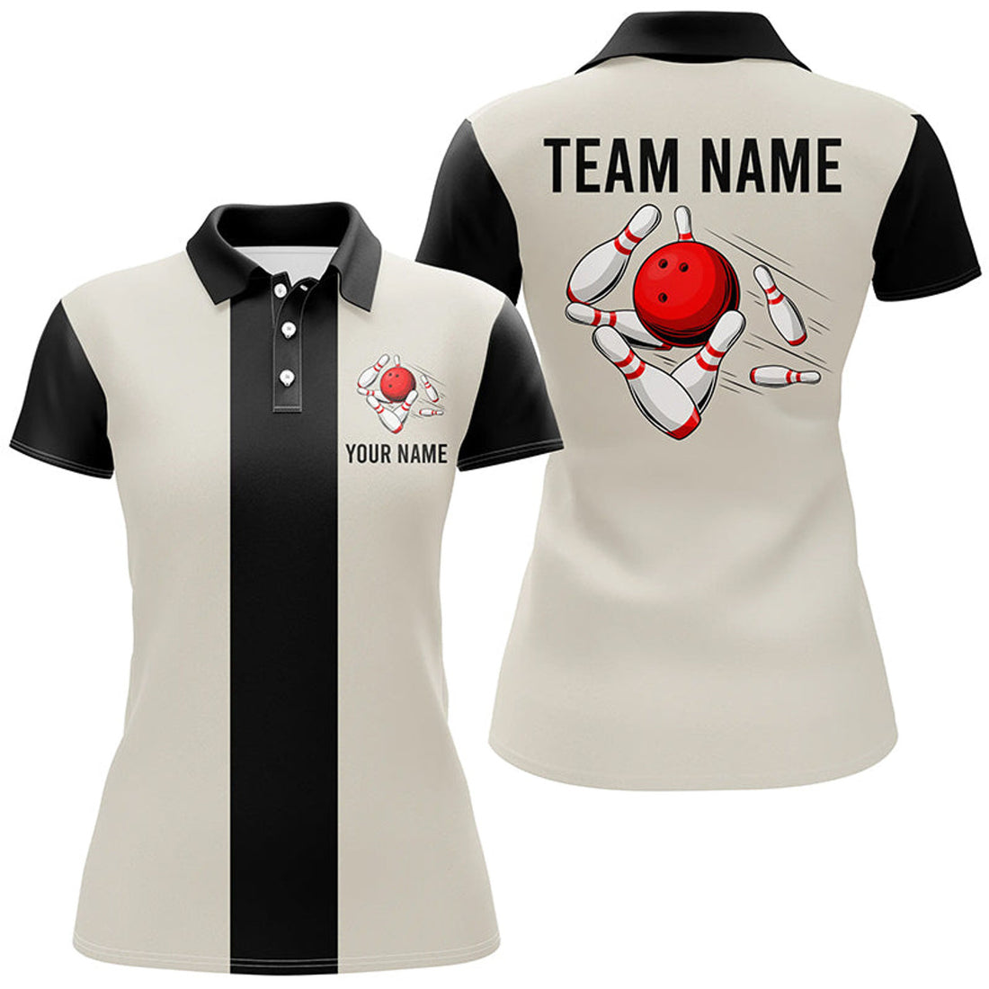 Custom Personalized Retro Bowling Beige Black Vintage Women's Polo Shirts S-5XL