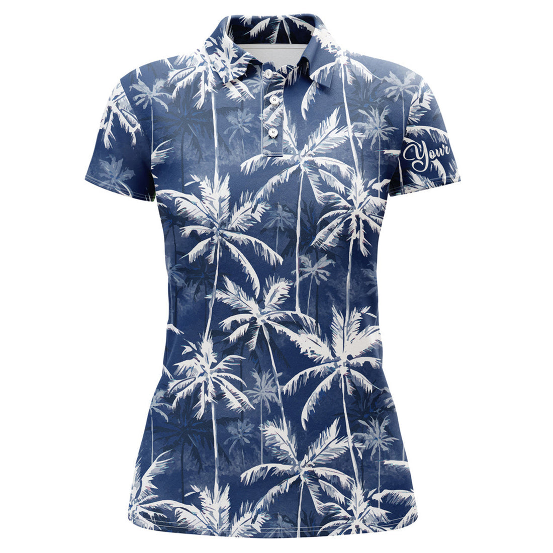 Custom Name Tropical Blue Watercolor Palms Golf Team Design Women's Polo Shirts S-5XL