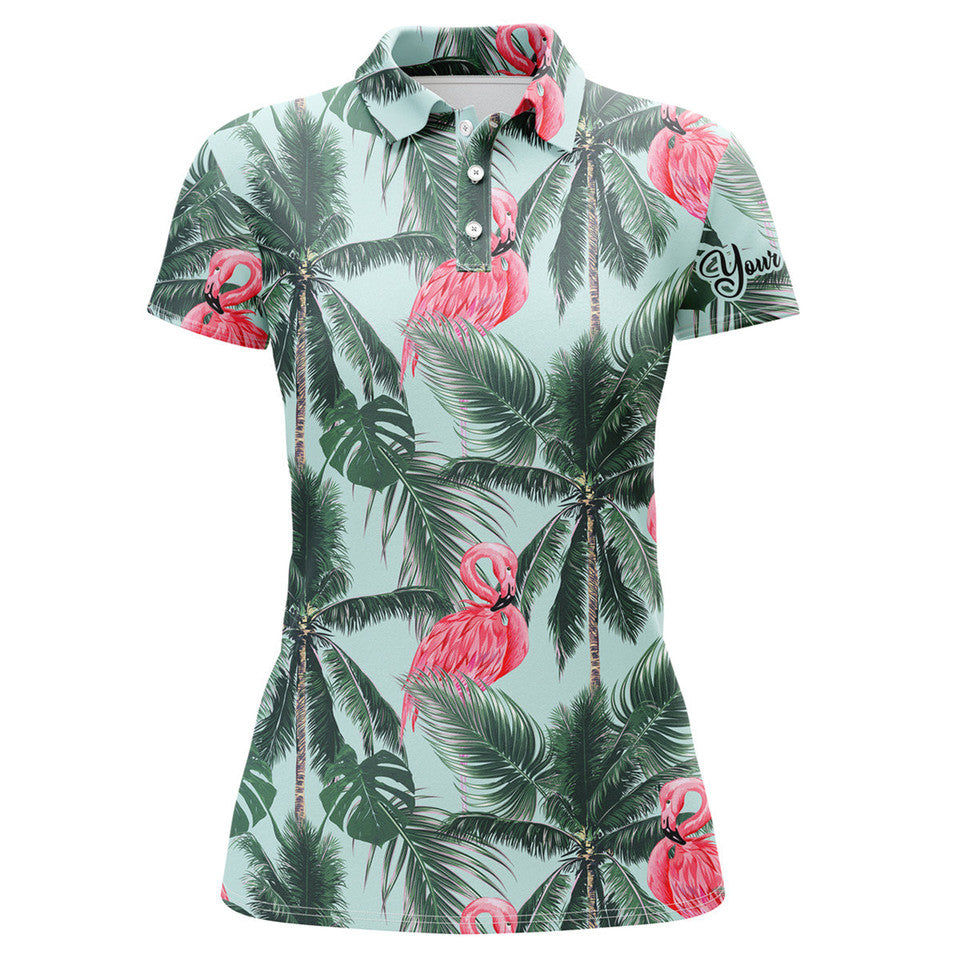 Custom Pink Flamingos Tropical Palm Leaves Golf Shirt Women's Polo Shirts S-5XL