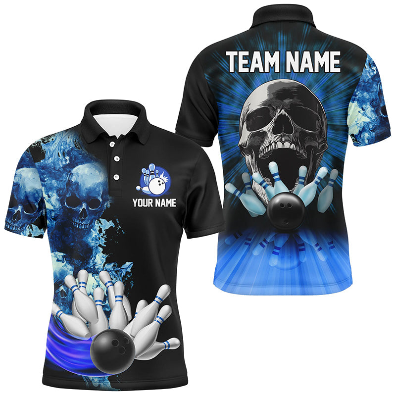 Blue Flame Skull Bowling Quarter Zip Custom Team Men's Polo Shirt S-5XL
