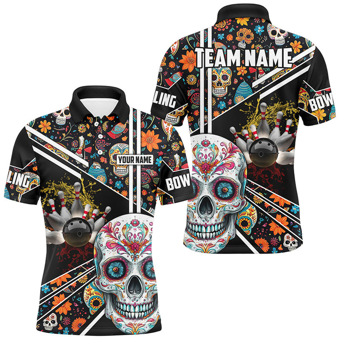 Custom Sugar Skull Pattern Bowling Men's Polo Shirt S-5XL