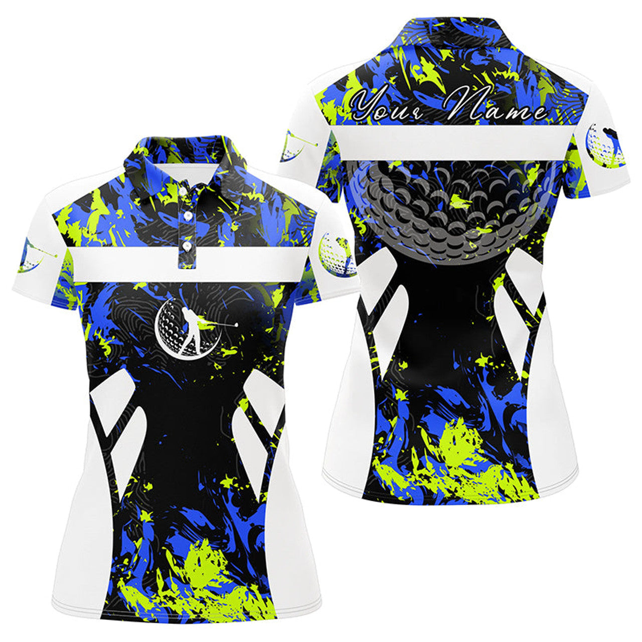 Custom Name Green Blue Camo White Golf Gift for Ladies Women's Polo Shirts S-5XL