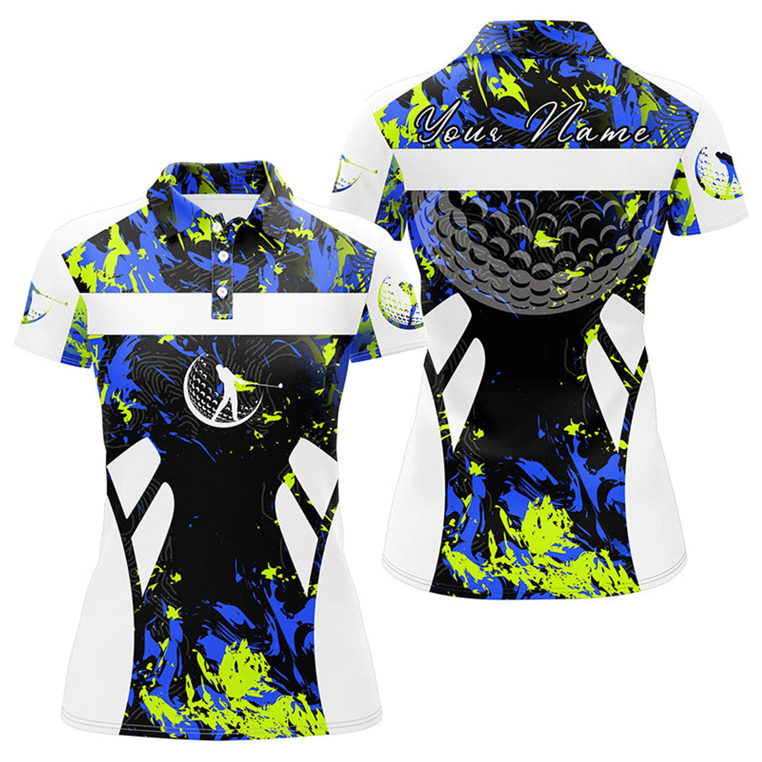 Custom Name Green Blue Camo White Golf Gift for Ladies Women's Polo Shirts S-5XL