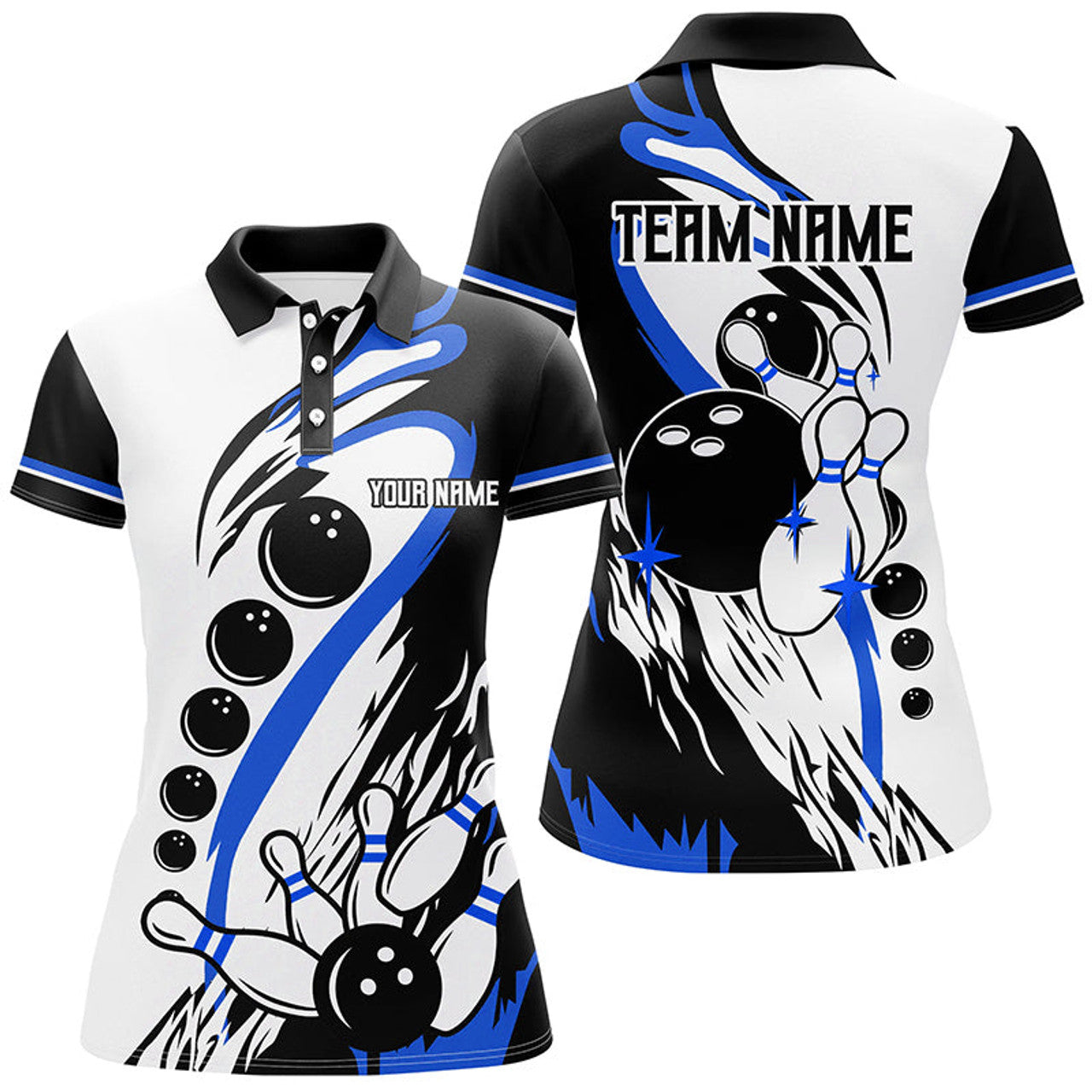 Custom Black And White Retro Bowling League Women's Polo Shirts S-5XL