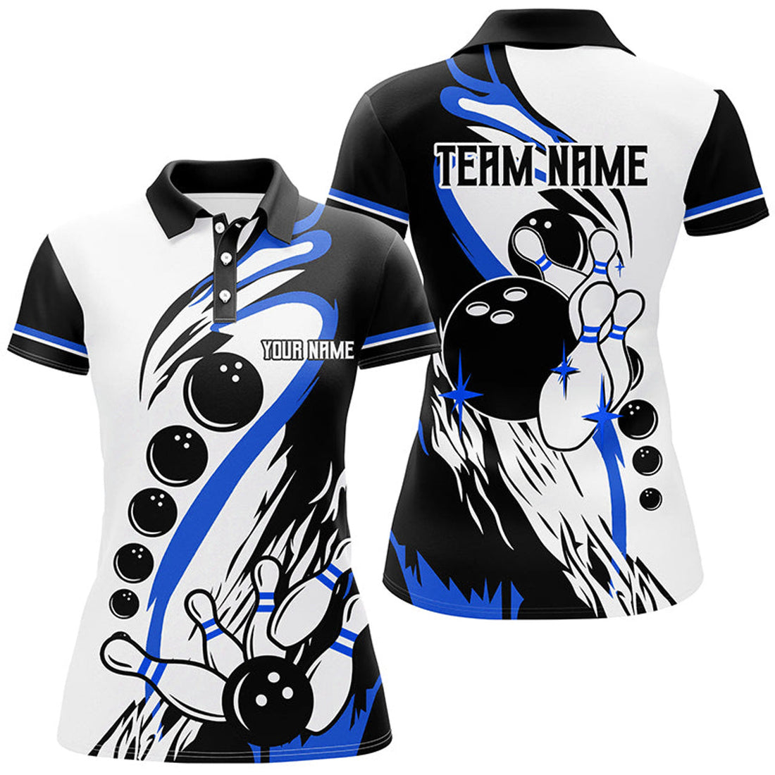 Custom Black And White Retro Bowling League Women's Polo Shirts S-5XL