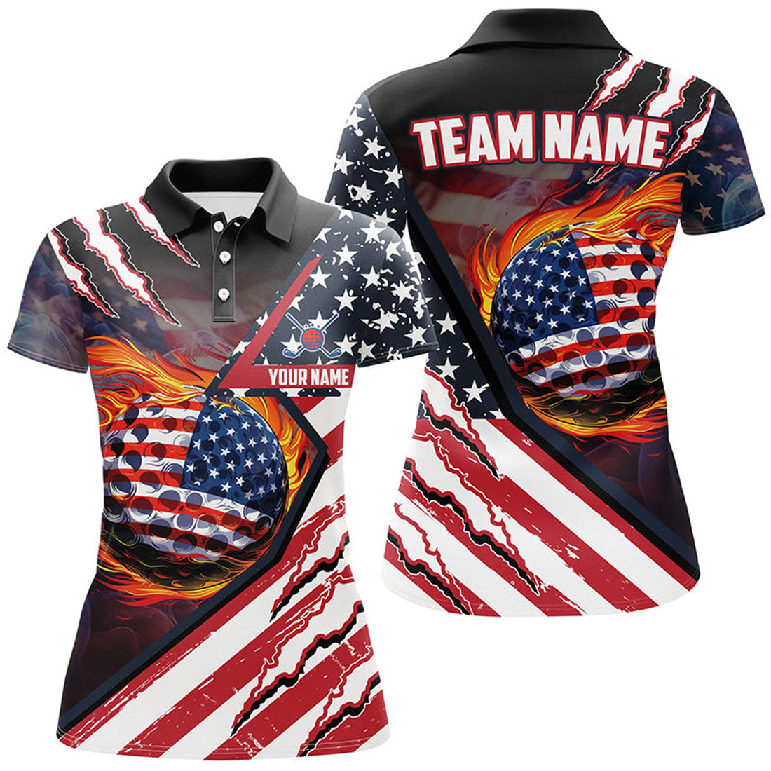 Custom American Flag Flame Golf for Ladies Patriot Gift Women's Polo Shirts S-5XL