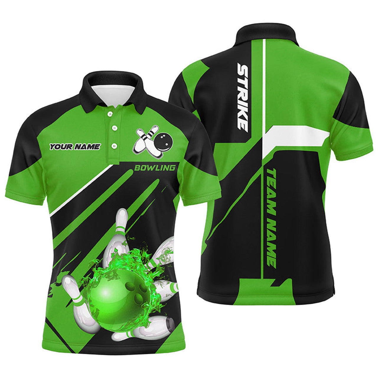 Black and Green Bowling Shirt Men's Polo Shirt S-5XL