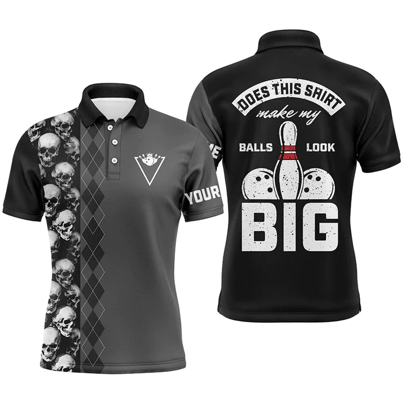 Funny Black Skull Bowling Custom Name Men's Polo Shirt S-5XL