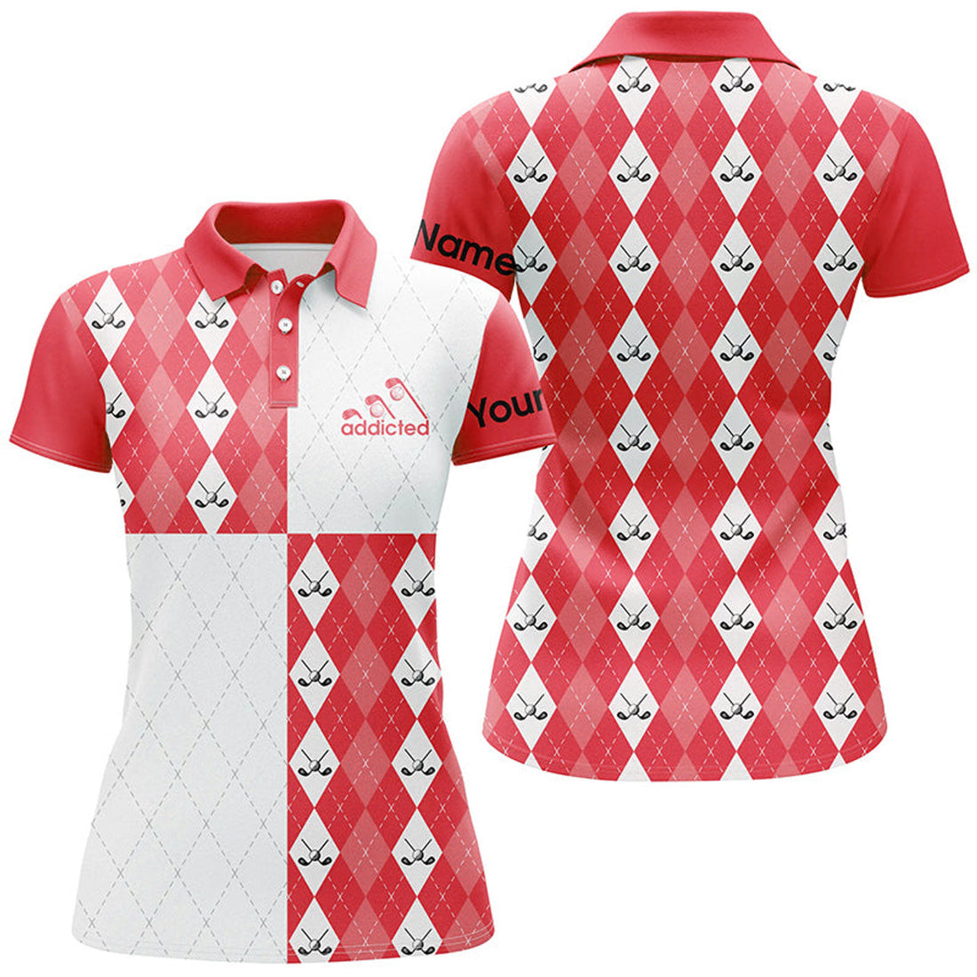 Custom Name Golf Addicted Argyle Plaid Golf Ball Clubs Women's Polo Shirts S-5XL
