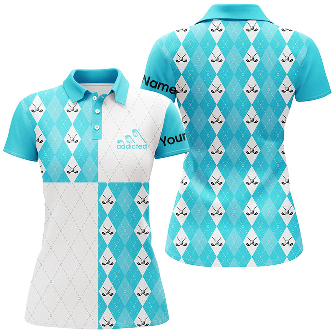Custom Golf Addicted Blue White Argyle Golf Ball Clubs Women's Polo Shirts S-5XL