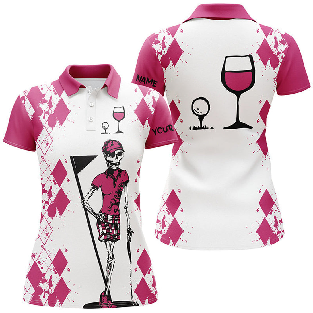 Custom White Pink Skull Golf Shirt Wine Custom Name Women's Polo Shirts S-5XL