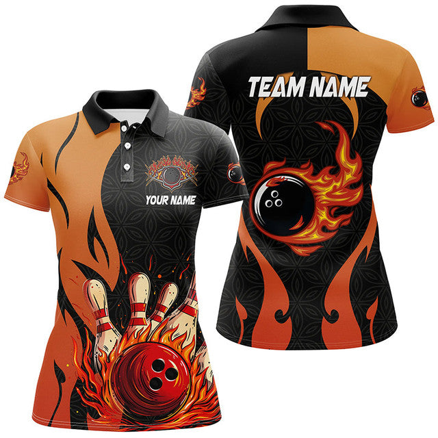 Custom Black Orange Flame Bowling Shirt Gift Women's Polo Shirts S-5XL