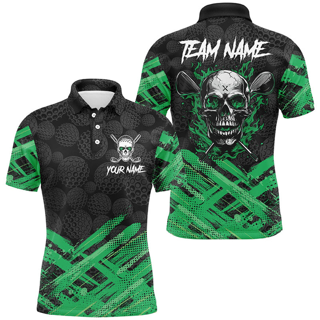Custom Black Camo Green Flame Skull Golf Men's Polo Shirt S-5XL