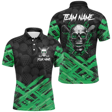 Custom Black Camo Green Flame Skull Golf Men's Polo Shirt S-5XL