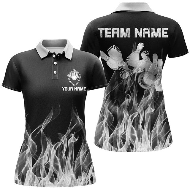 Custom Black Bowling Shirt Flame Design Team Apparel Women's Polo Shirts S-5XL
