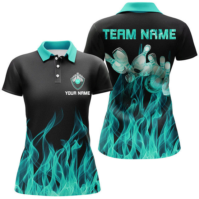 Custom Turquoise Flame Black Bowling Team Personalized Women's Polo Shirts S-5XL