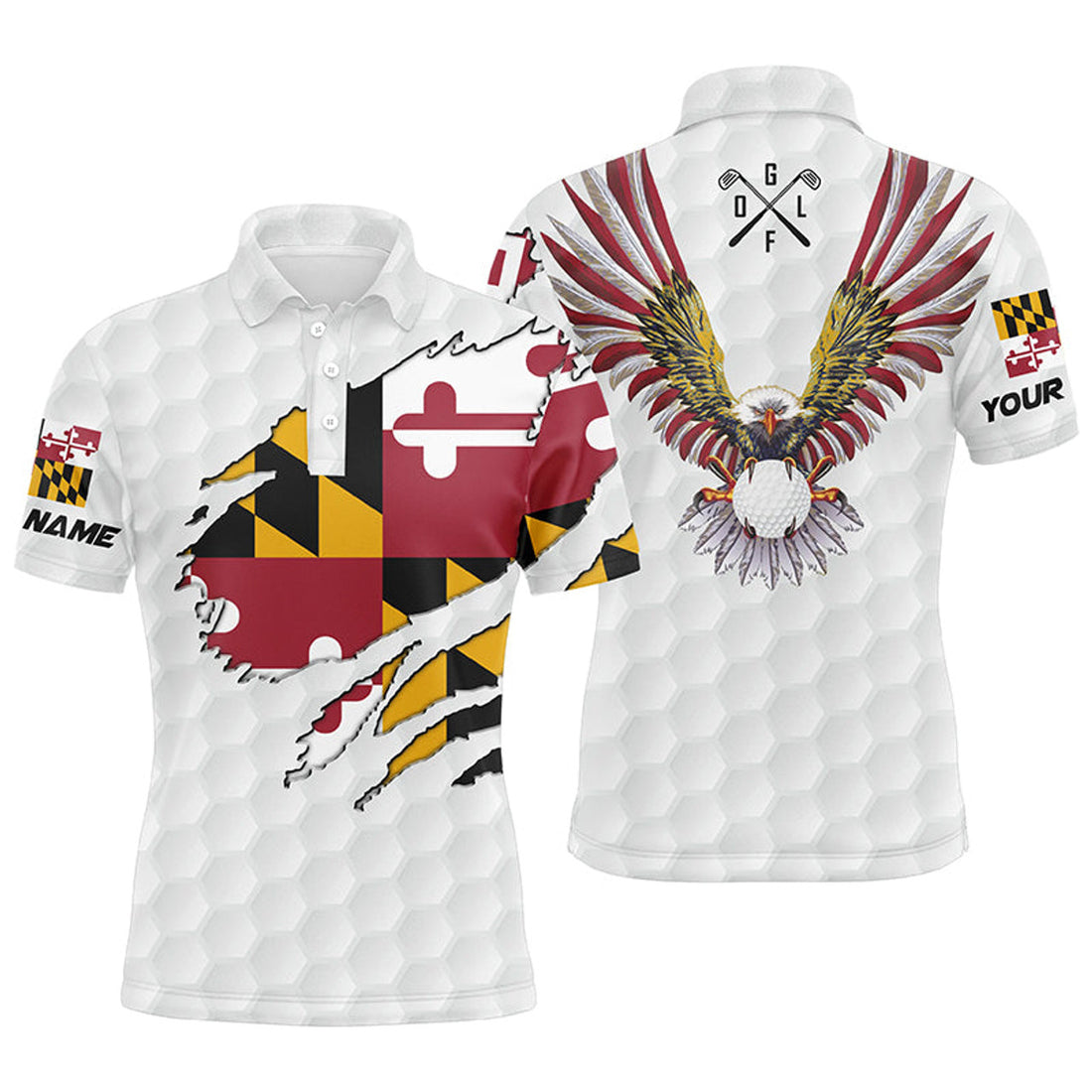 Personalized Maryland Flag Patriot Eagle Golf White Men's Polo Shirt S-5XL