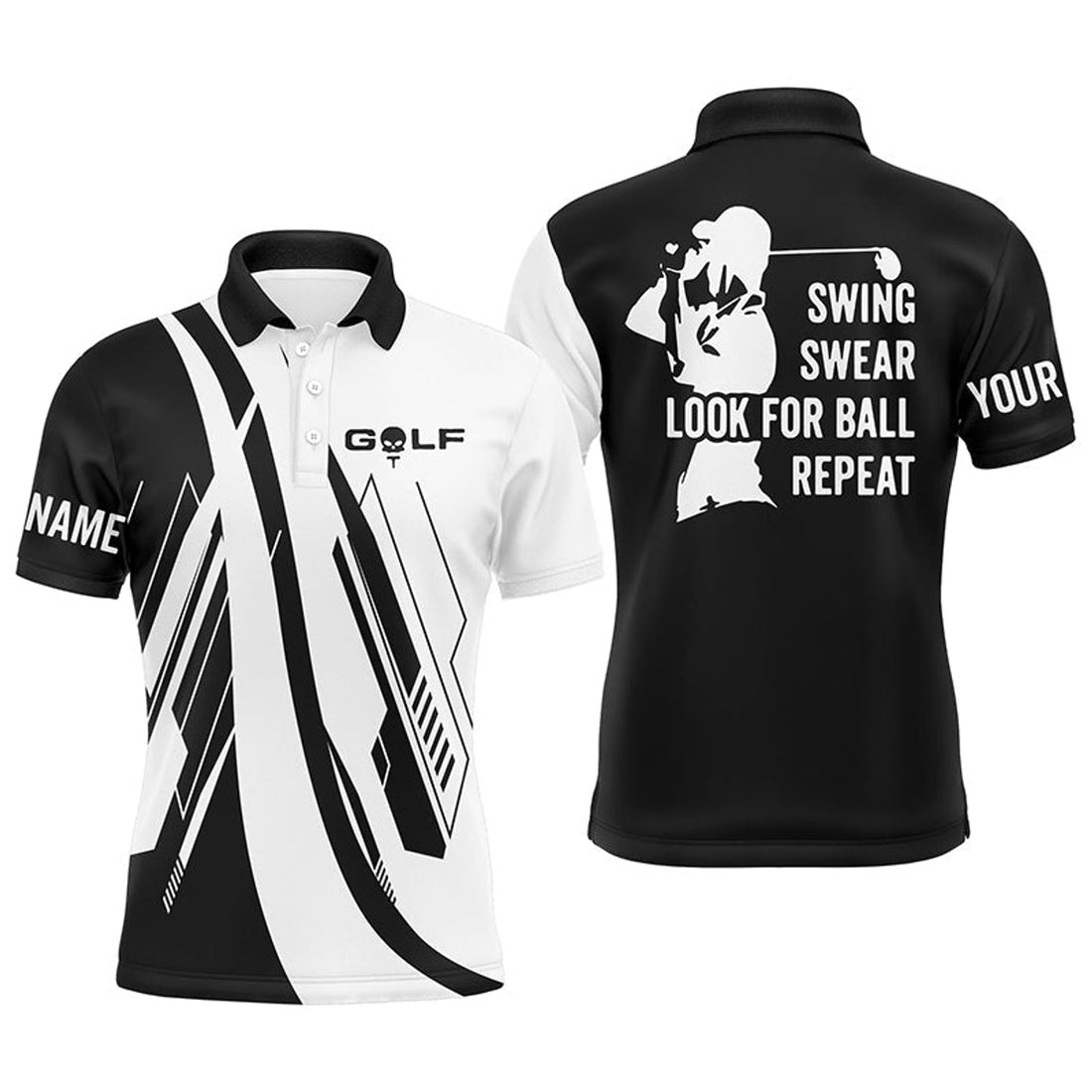 Black White Golf Polo Custom Name Swing Swear Look Ball Repeat Men's Polo Shirt S-5XL