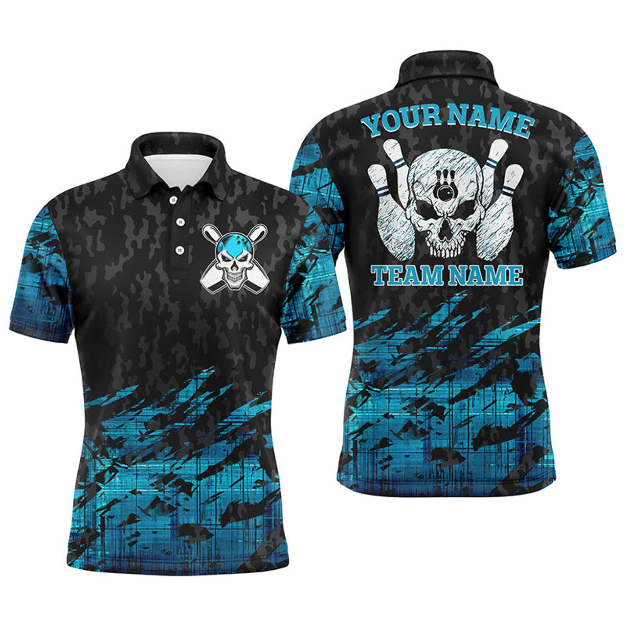 Skull Bowling Custom Name Team Blue Skeleton Polo Shirt Men's Polo Shirt S-5XL