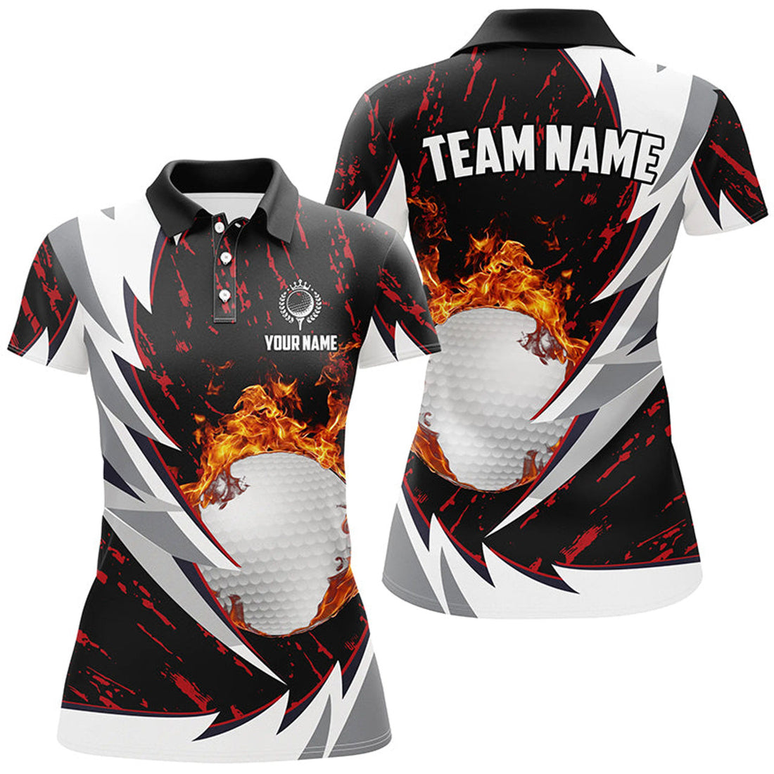 Custom Flame Golf Ball Black White Golf Clothes Women's Polo Shirts S-5XL
