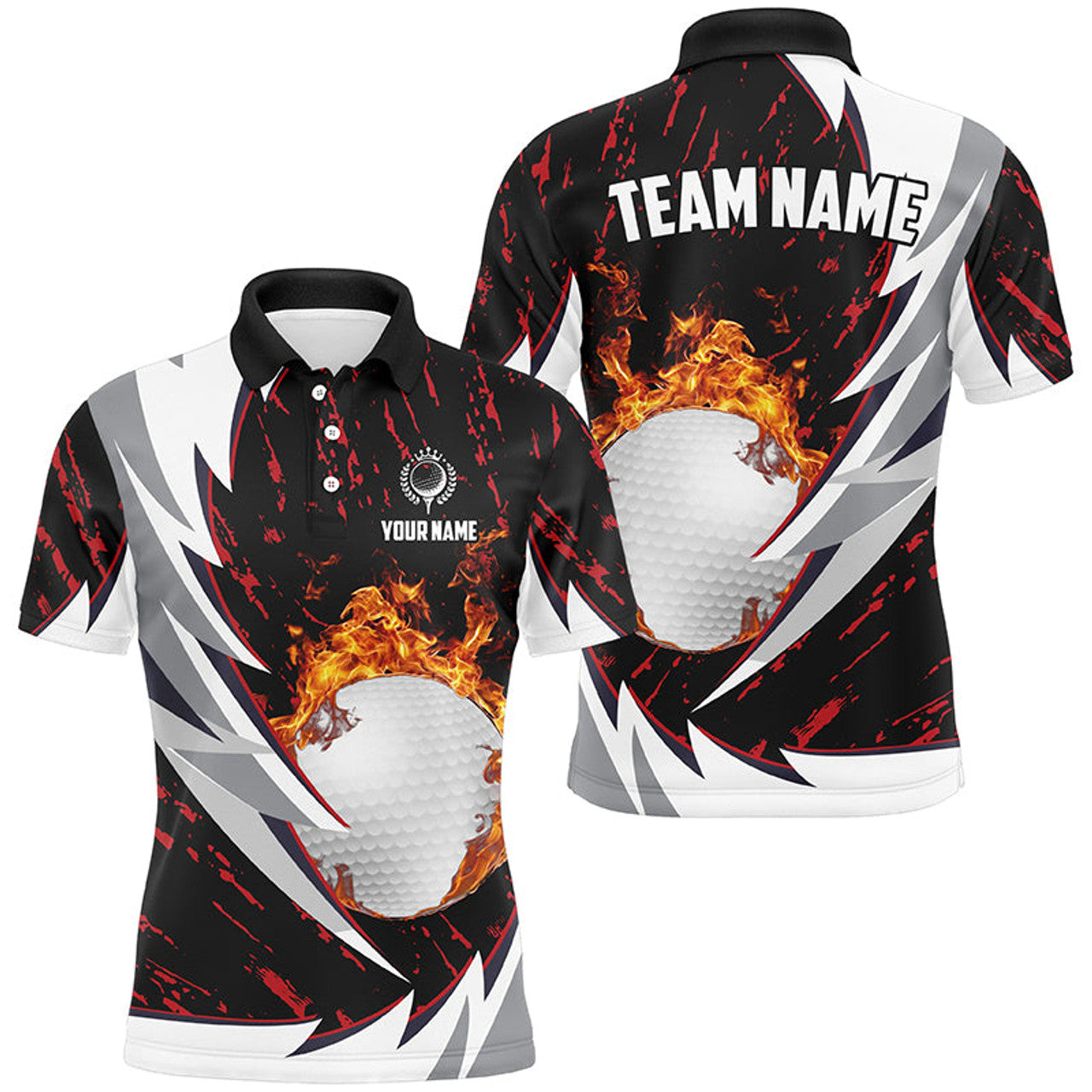 Custom Flame Golf Ball Black White Golf Clothing Men's Polo Shirt S-5XL