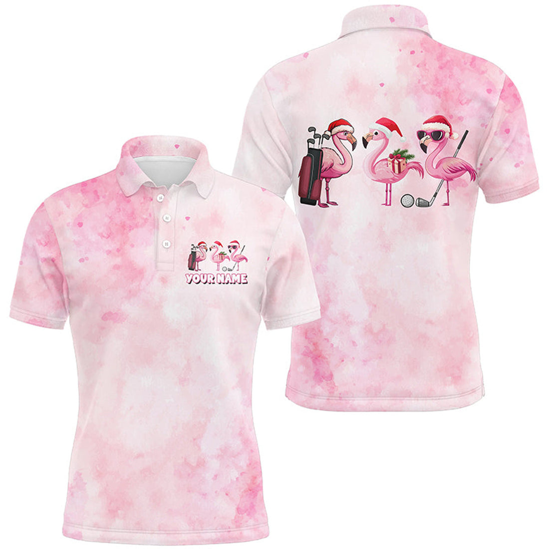 Custom Pink Flamingo Christmas Golf Gifts Men's Polo Shirt S-5XL