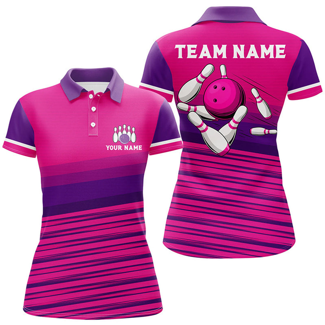 Custom Pink Bowling Ball and Pins Shirt Gift for Team Women's Polo Shirts S-5XL