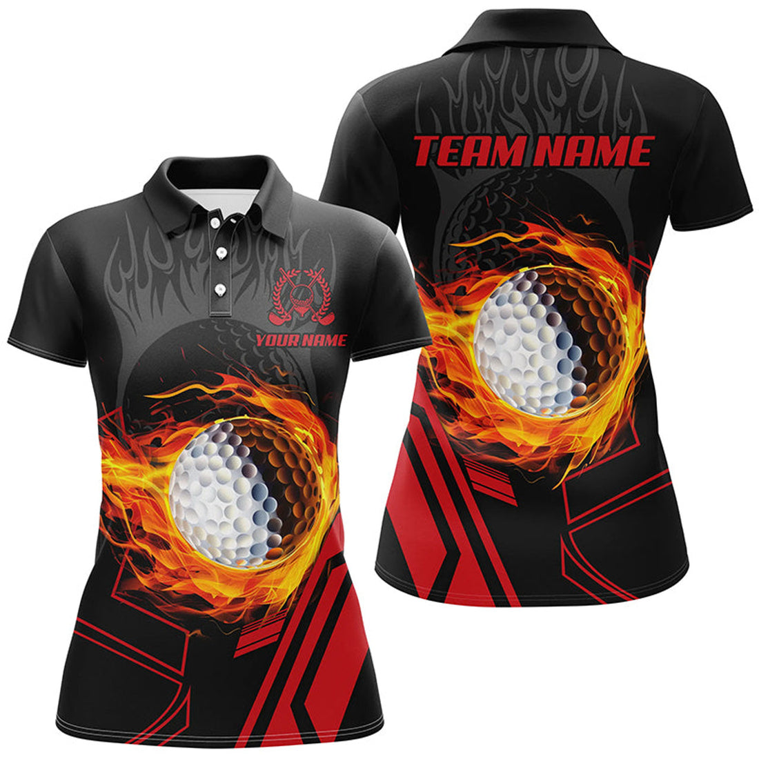 Custom Black and Red Flame Golf Cool Golf Attire Women's Polo Shirt S-5XL