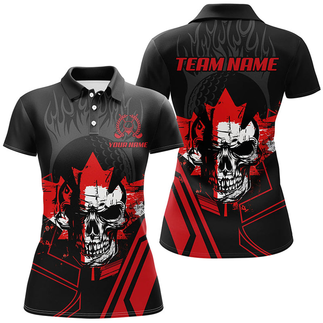 Custom Black Red Skull Canadian Flag Patriotic Golf Attire Women's Polo Shirts S-5XL