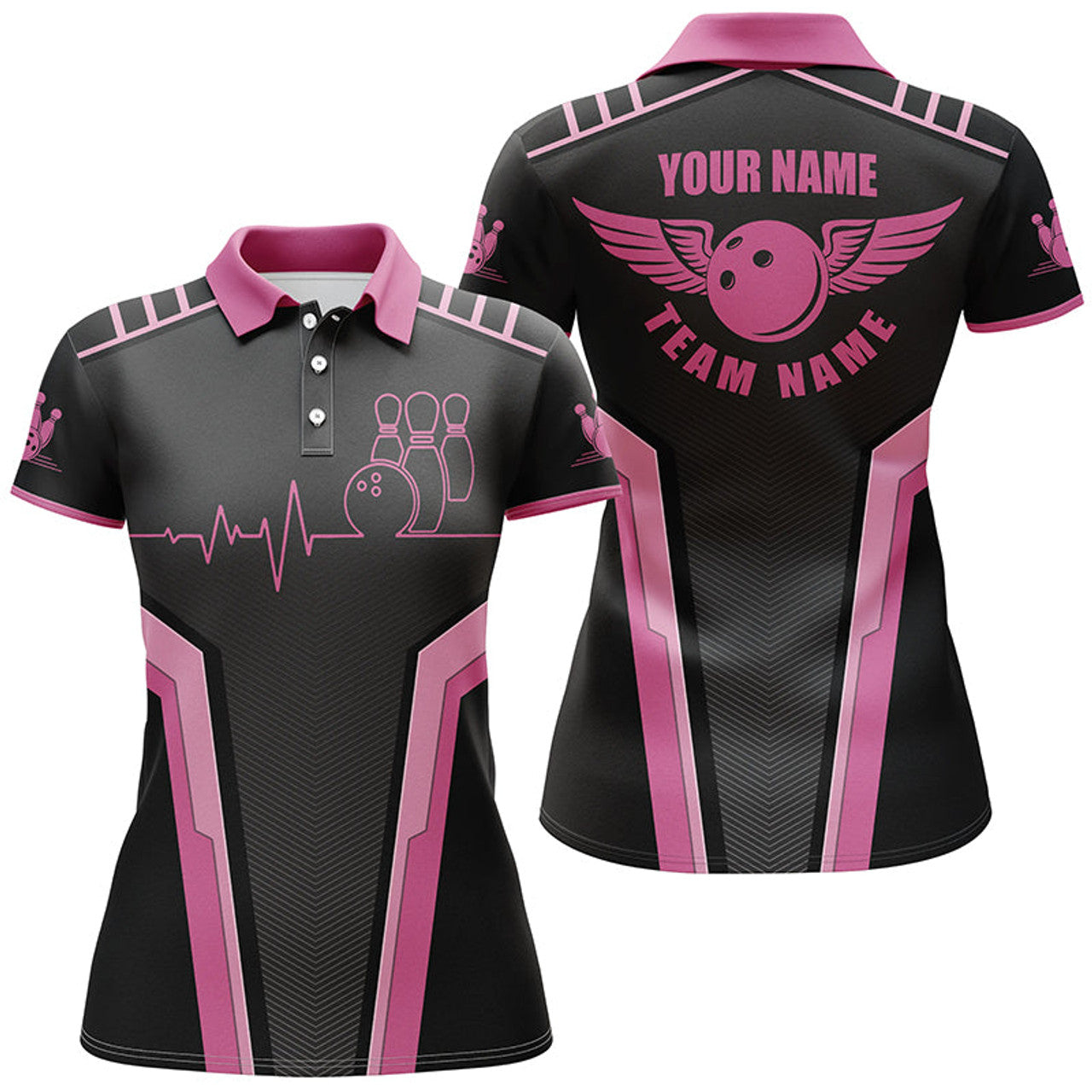 Custom Pink Heartbeat Bowling Shirt Short Sleeve Women's Polo Shirts S-5XL