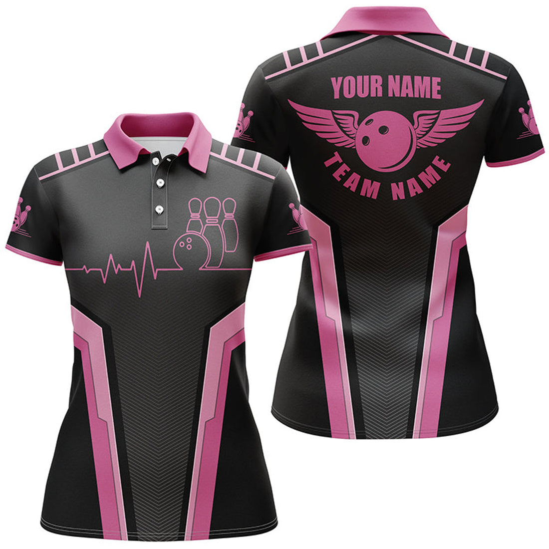 Custom Pink Heartbeat Bowling Shirt Short Sleeve Women's Polo Shirts S-5XL
