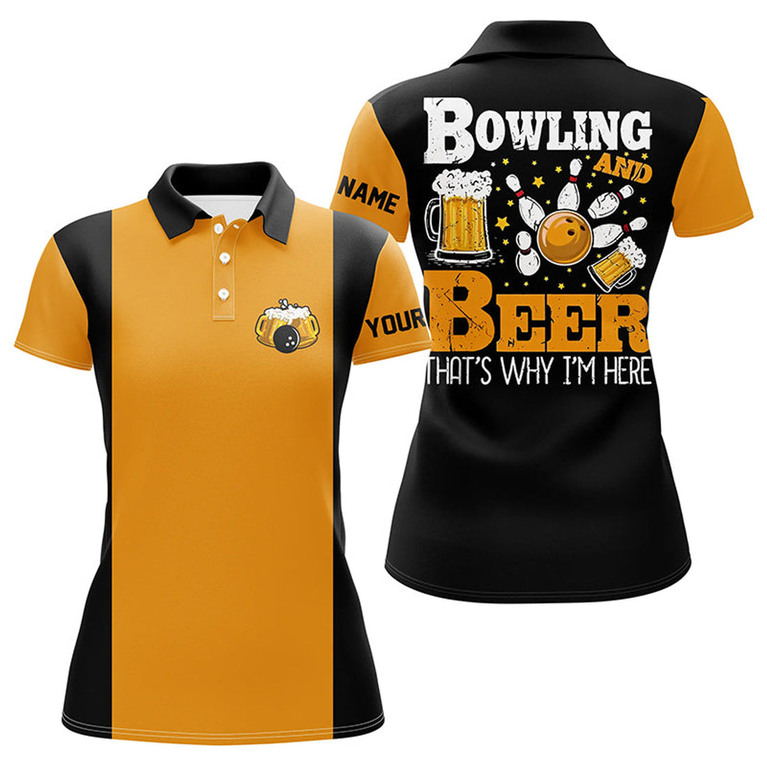 Custom Name Bowling And Beer Retro Black Yellow Women's Polo Shirts S-5XL