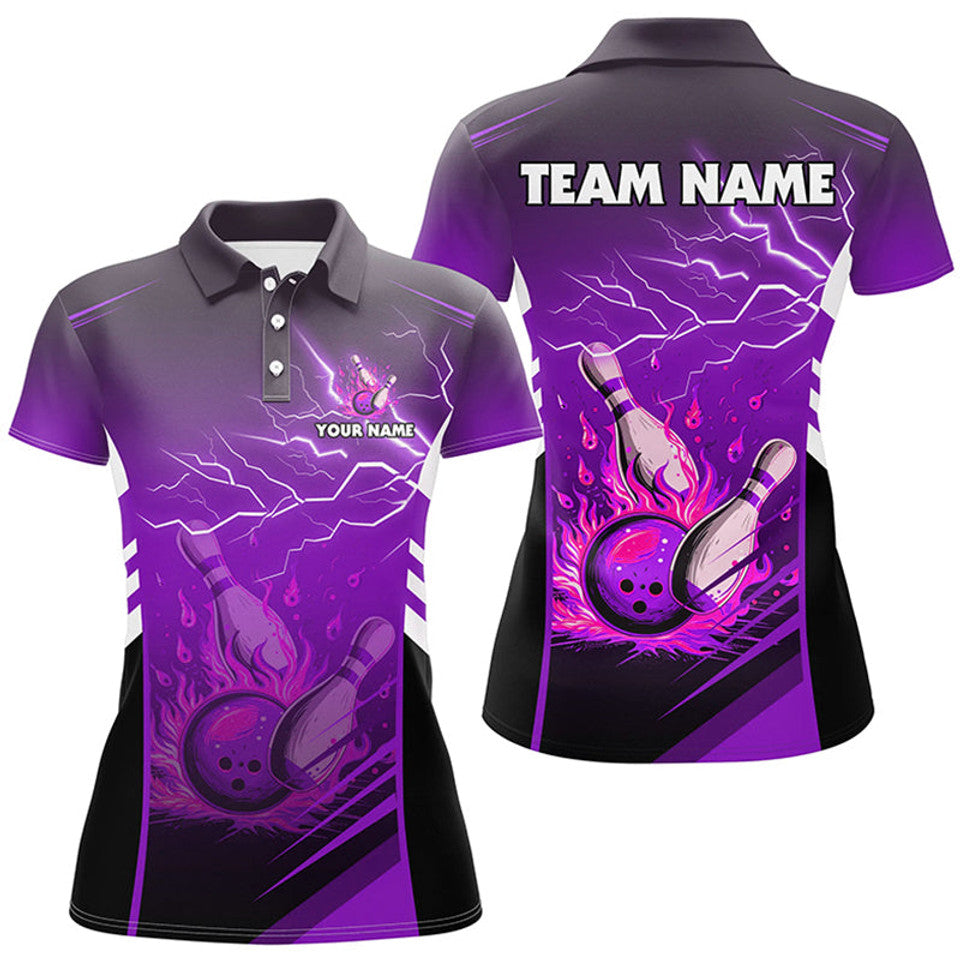 Custom Flame Lightning Bowling Shirt with Ball and Pins Women's Polo Shirts S-5XL