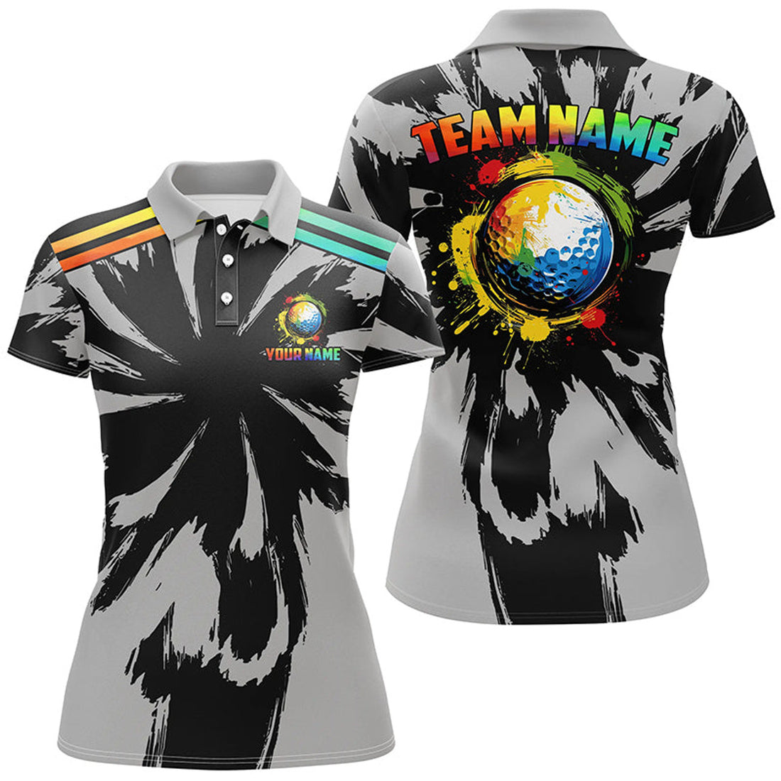 Custom Black and Gray Pattern Watercolor Golf Ball for Polo Shirt Women S-5XL