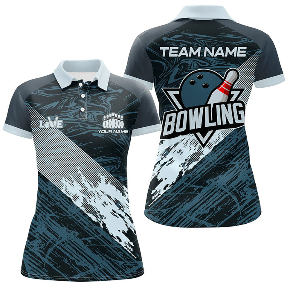 Custom Blue Camo Bowling Ball And Pins Gift Women's Polo Shirts S-5XL