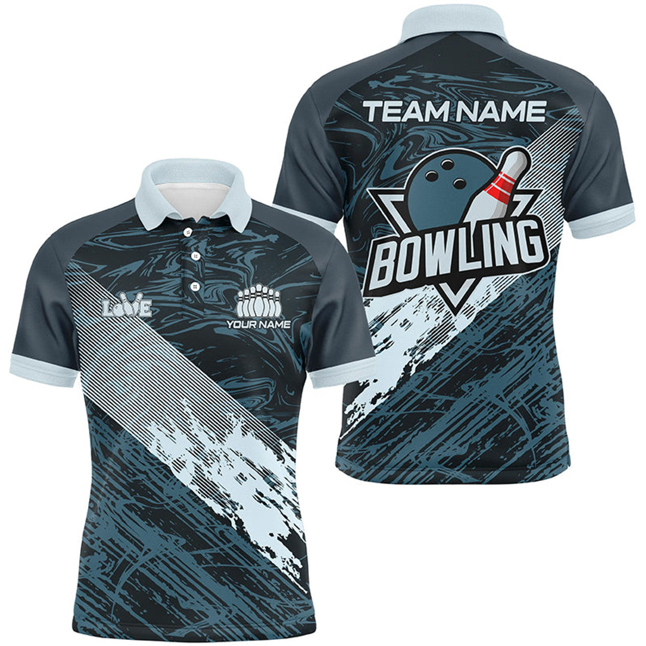 Blue Camo Bowling Ball and Pins Custom Print Men's Polo Shirt S-5XL