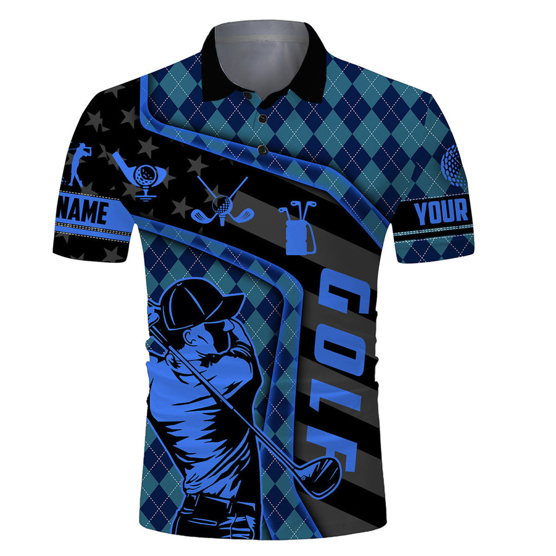 Personalized Golf Name Men's Polo Shirt Funny Navy Blue Argyle Pattern Apparel