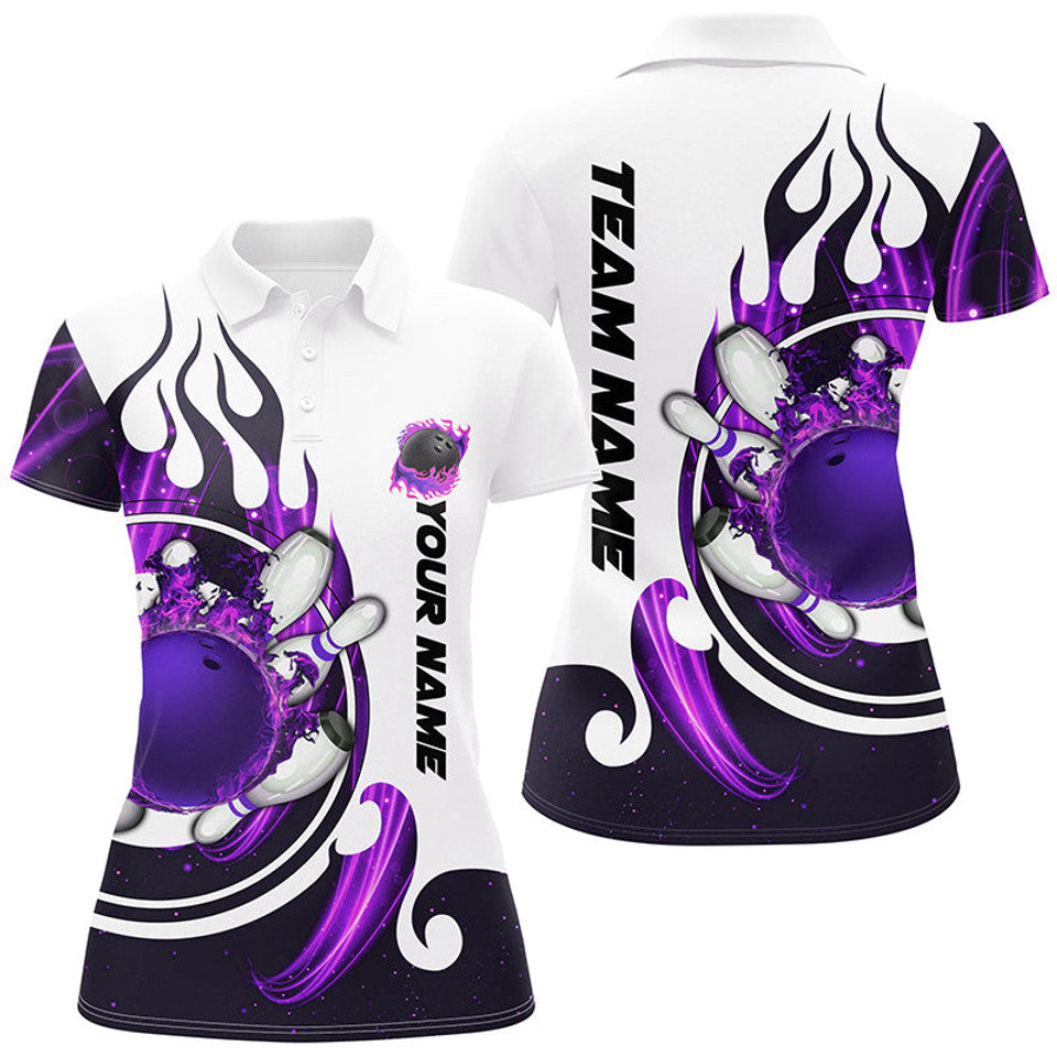 Custom Purple Flame Bowling Ball and Pins White Polo Women's Polo Shirts S-5XL