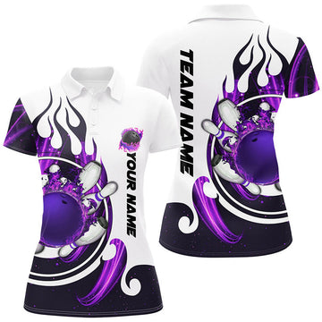 Custom Purple Flame Bowling Ball and Pins White Polo Women's Polo Shirts S-5XL