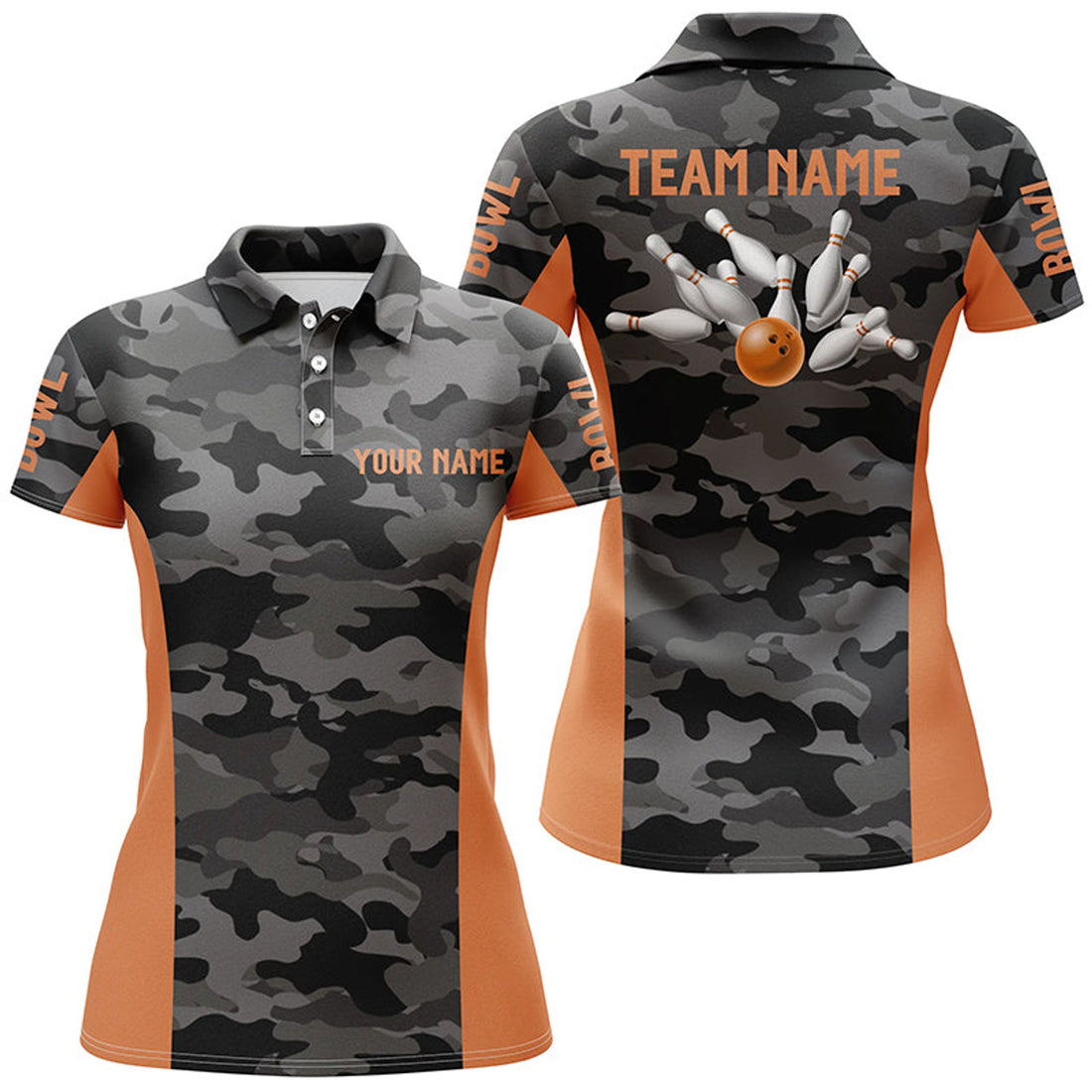 Custom Gray Camo Orange Bowling Team League Shirt for Women's Polo Shirts S-5XL