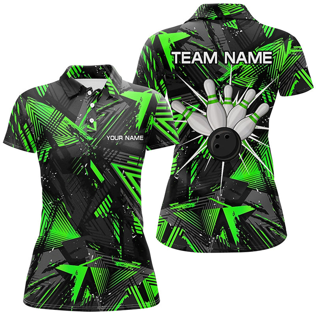 Custom Black Green Camo Bowling Shirt Team Design Women's Polo Shirts S-5XL