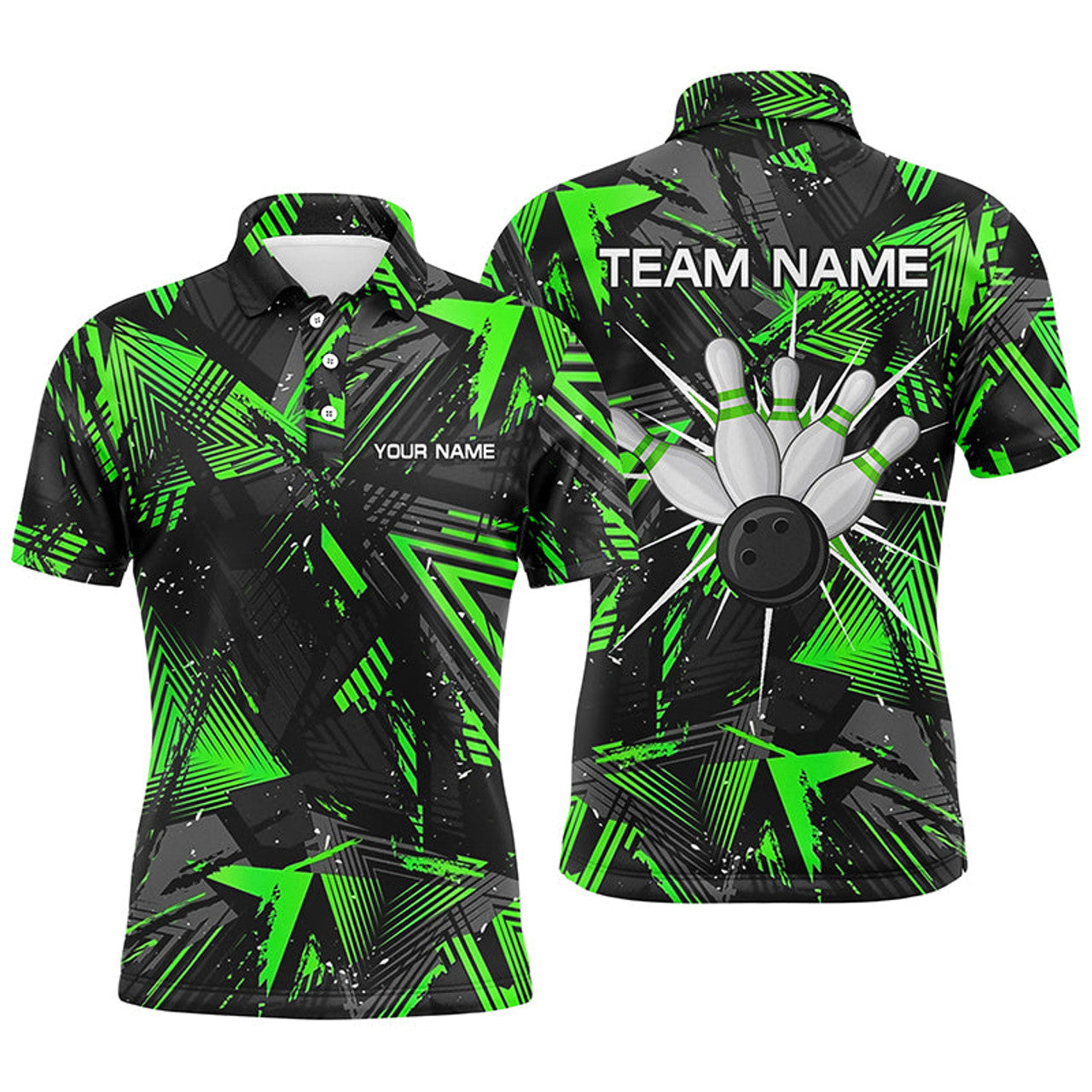 Black Green Camo Bowling Polo Shirt Personalized Team Outfit Men's Polo Shirt S-5XL