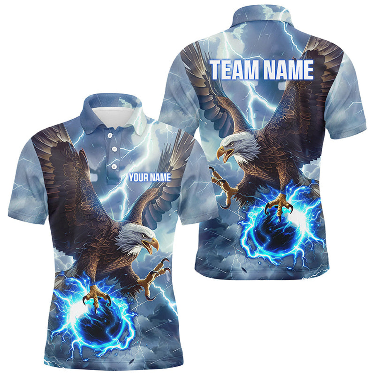 Blue Lightning Thunder Eagle Custom Bowling Men's Polo Shirt S-5XL