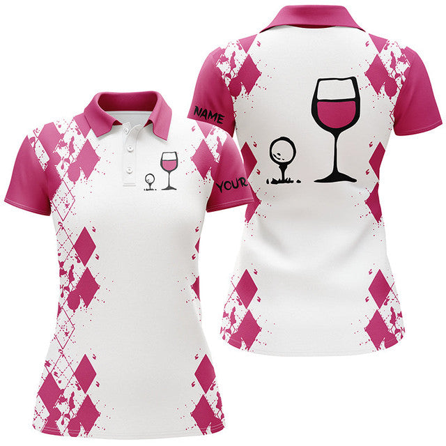 Custom White Pink Argyle Golf Shirt Golf and Wine Lovers Women's Polo Shirts S-5XL