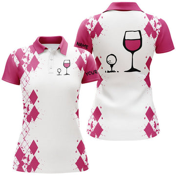 Custom White Pink Argyle Golf Shirt Golf and Wine Lovers Women's Polo Shirts S-5XL