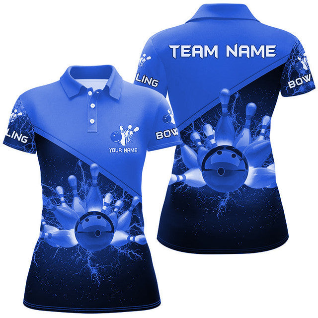 Custom Blue Lightning Thunder Bowling Team Gift Bowlers Women's Polo Shirts S-5XL